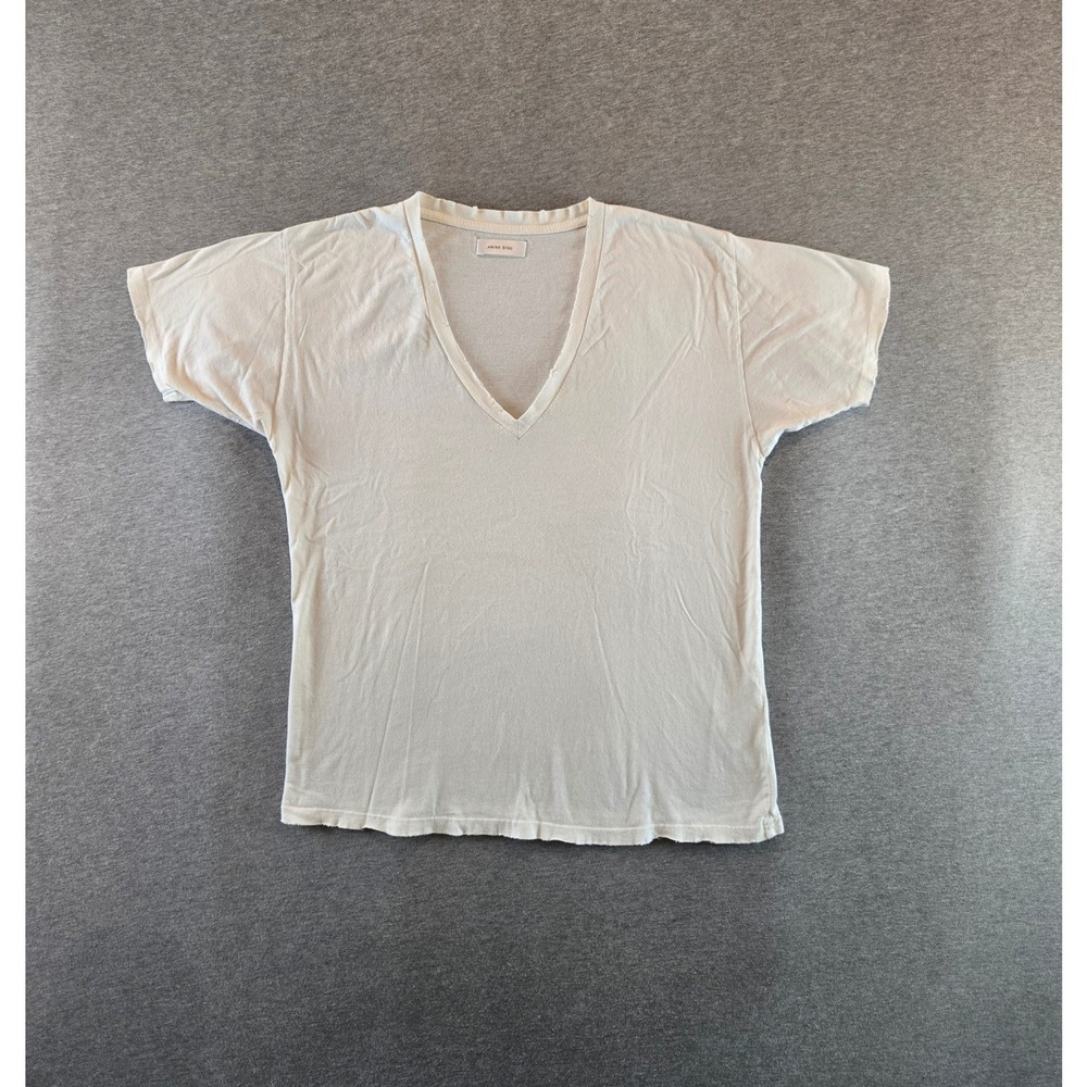 Anine Bing V-Neck T-Shirt Womens Medium White Distressed Hems Cotton Tee